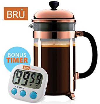 Classic French Press - FREE TIMER - BRU USA Coffee & Tea Maker | 8 Cup - 34 Oz | Solid Stainless Steel, Enhanced Filter System, Borosilicate Glass (Copper)