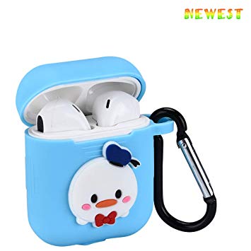 Airpods 1 & 2 Case, 3D Cute Duck Silicone Cartoon Airpods Charging Case Cover for Airpods Girls Kids Women Gifts Soft Full Protective Skin Cases Carabiner Keychain