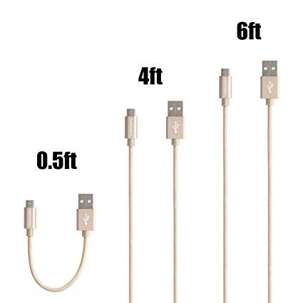 CableCreation (3 Pack) USB 2.0 A Male to Micro USB B Male Sync Charge Cables, Assorted Lengths (0.5ft,4ft,6ft), Alum Shell   Cotton Jacket ,Gold Color