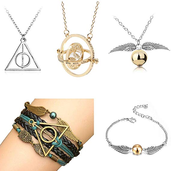 4MEMORYS 5PCS HP Fans Necklace Set Deathly Hallows Golden Snitch for HP Fans Gifts Collection Magical Cosplay Costume Jewelry Gift