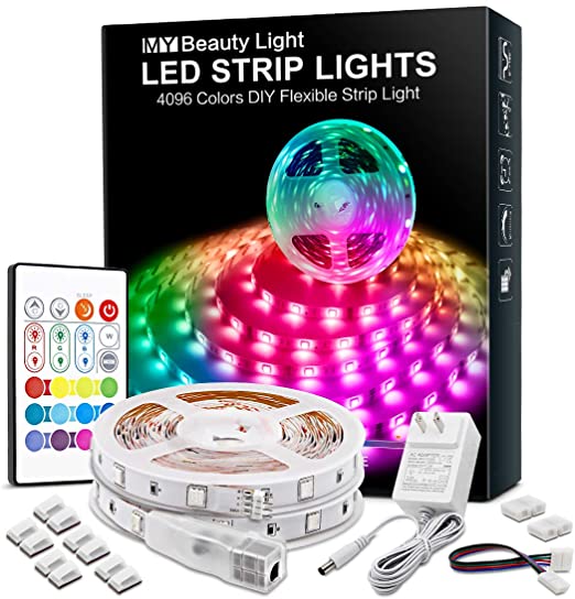 RGB Led Strip Lights 32.8 Feet 4096 DIY Colors Changing Light Strip 30mins Timing Off Led Tape Light Kits with 24keys Ir Remote, Adhesive Clips, Connectors and 24v Ul Adapter for Bedroom Tv Kitchen