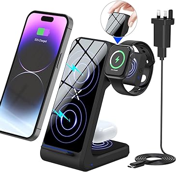 Wireless Charger Fast Certified 3 in 1 Charging Station Pop-Up Watch Charging Stand for Apple Watch AirPods iPhone 11 12 13 14 Pro Max SE X Mini Android HUAWEI Samsung LG GOOGLE nexus Phone (Black)