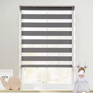 LazBlinds No Tools No Drill Cordless Polyester Dual Layer Zebra Roller Blinds, Light Filtering Sheer Shades Horizontal Window Blinds for Windows Size 36'' W x 72'' H, Grey