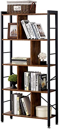 VECELO 5-Tier Shelf Bookcase No-Assembly Folding Bookshelf Industrial Standing Racks Study Organizer with Metal Frame & Wood Layer