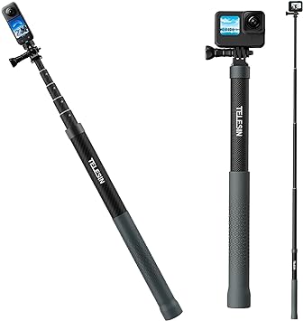 TELESIN Invisible Selfie Stick for GoPro Insta360 (120cm/47.2 inch), Lightweight Carbon Fiber Extension Pole for Go Pro Max Hero 11 10 9 8 7 6 5 One X2 X3 DJI Action 2 3 AKASO 360 Camera