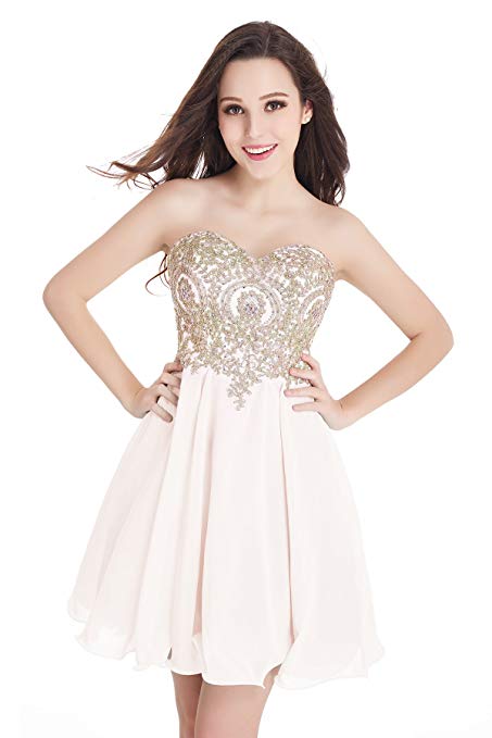 Babyonline Junior's Gold Lace Applique Short Quinceanera Homecoming Dresses