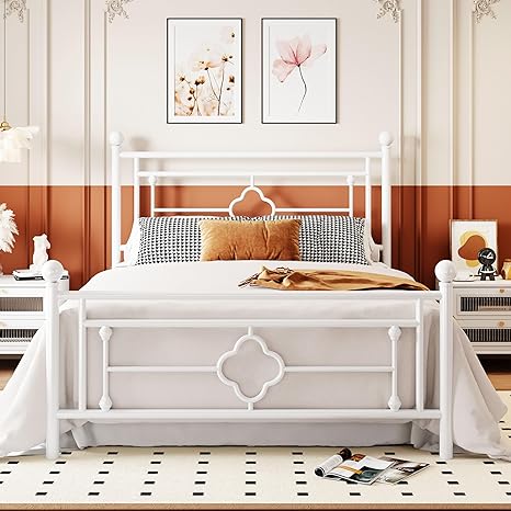 Allewie Queen Size Metal Platform Bed Frame with Victorian Vintage Headboard and Footboard/Mattress Foundation/Under Bed Storage/No Box Spring Needed/Noise-Free/Easy Assembly, White