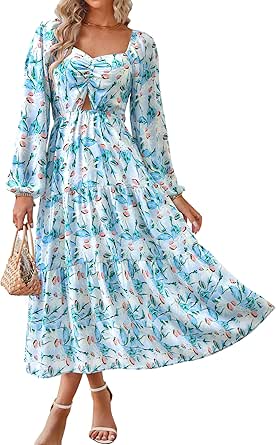 BTFBM Women Fall Dresses 2023 Casual Square Neck Puff Long Sleeve Smocked Cut Out Boho Floral Flowy Long Maxi Dress