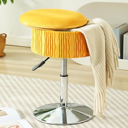 CUYOCA Round Storage Vanity Stool, 360° Swivel Height Adjustable Swivel Foot Stools with Storage, Velvet Vanity Ottoman Chair for Bathroom Living Room (Canary)