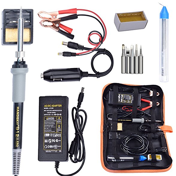 Soldering Iron, Soldering Iron Kit, 35W Adjustable Temperature Welding Tool, 5pcs Solder Soldering Iron Tip, with Car Battery Charger, AC/DC Adapter 110-240V/12V 3A, PU Carry Bag