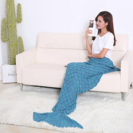 Newest Handmade Mermaid Tail Blanket, Warm and Soft with Scales Pattern for Adult Snuggled Upon the Sofa in Sweet Night (74'' x 35'')