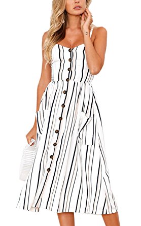 Angashion Women's Dresses-Summer Floral Bohemian Spaghetti Strap Button Down Swing Midi Dress With Pockets