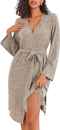 Ekouaer Robe for Women Ribbed Knit Kimono Robes Soft Side Slit Bathrobe Ladies Sleepwear with Pockets