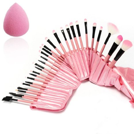 Luckyfine Pink Professional 32pcs Makeup Brushes Set Soft Cosmetic Foundation Blush Eyeliner Makeup Brush Kit with Travel Pouch and Sponge Gift Kit