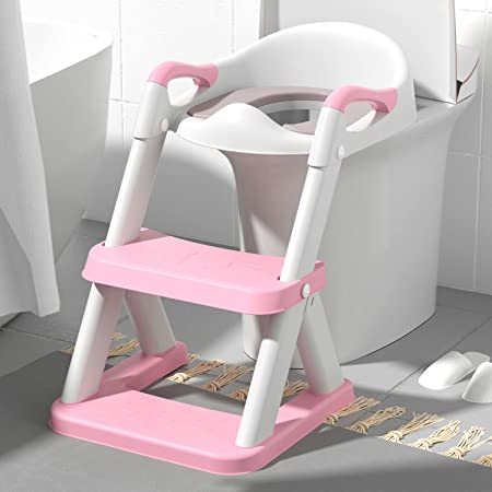 GLAF Potty Training Toilet Seat for Toddler with Step Stool for Girls Boys Ladder Kids Potty Chair 2 in 1 Adjustable Triangle Potty Seat with PU Cushion and Anti-Slip Pads (Pink)