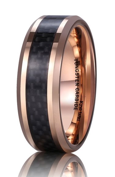 King Will Men's 8mm Tungsten Ring Rose Gold Plated Wedding Band with Black Carbon Fiber Inlay