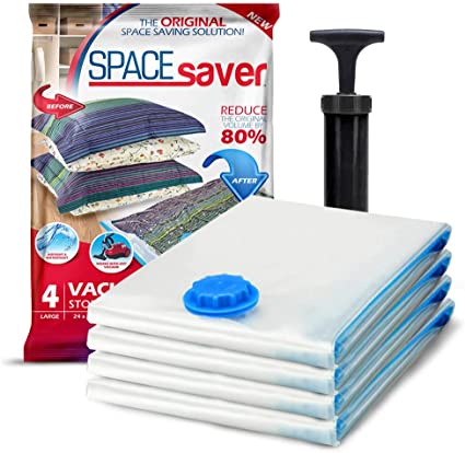 Spacesaver Premium Vacuum Storage Bags with 80% More Storage - Includes Hand-Pump for Travel - Double-Zip Seal and Triple Seal Turbo-Valve for Max Space Saving - Large 4 Pack