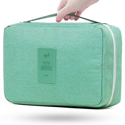Hanging Cosmetic Bag Travel, Airlab Toiletry Bag Large Makeup Organizer Bag for Women, Travel Accessories, Water Resistant with Mesh Pockets & Hanging Hook, Shower Wash Bag, Green