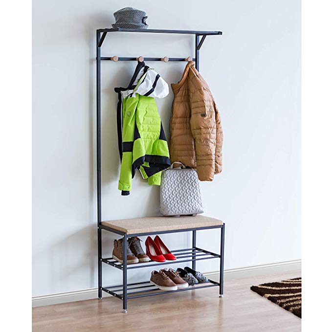 Tatkraft Solution Entryway Coat Rack Bench Shoe Rack, Coat Stand with Metal Frame, 2-Tier Shoe Rack, Strong, Stylish and Durable