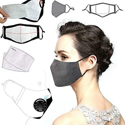 PM2.5 Anti Pollution mask Activated Carbon Filter for Breathing Insert Protective Reusable Cotton for adult Outdoor Activities （1 Mask   2 Filters） (Grey)