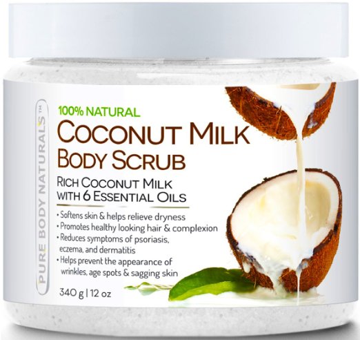 Pure Body Naturals Coconut Milk Body Scrub with Dead Sea Salt, Almond Oil and Vitamin E for All Skin Type, 12 oz