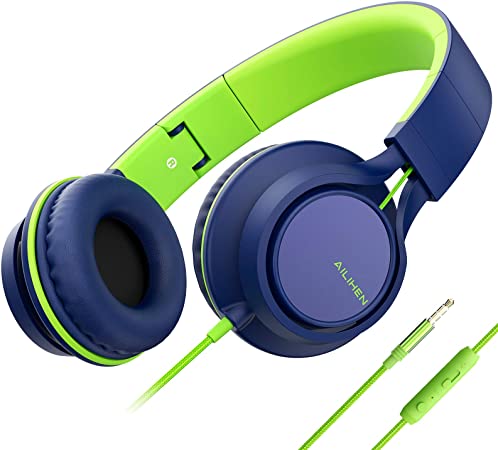 AILIHEN C8 (Upgraded) Headphones with Microphone and Volume Control Folding Lightweight 3.5mm Jack Headset for Cellphones Tablets Smartphones Laptop Computer PC Mp3/4 (Blue Green)