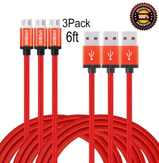 E-POWIND 3Pack 6ft Premium Micro USB Cable High Speed Extra Long USB Charging Cables for Android,Samsung,Nexus, HTC, Motorola, Nokia,HUAWEI,and More.(Red)