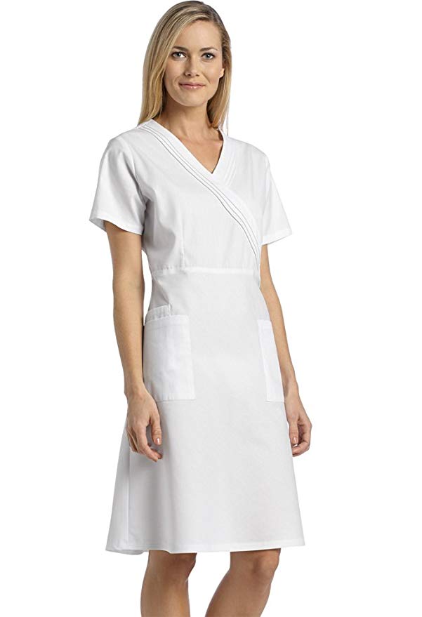 White Cross Pleated Mock Wrap Nurse Dress