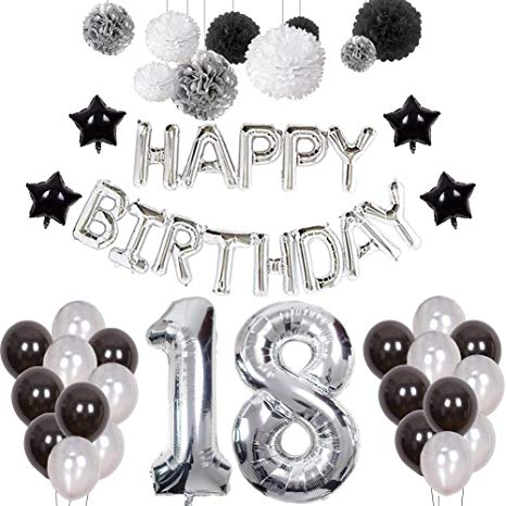 18th Birthday Decorations, Puchod Happy 18 Birthday Banner Number 18 Foil Ballon Party Decor Set Black White Silver with Tissue Paper Pom Pom Balls for Boy Men