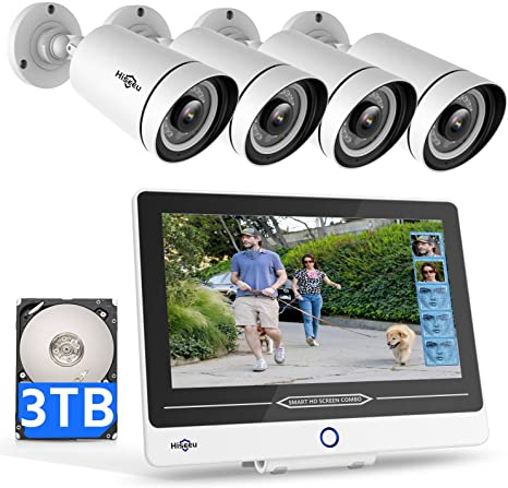 5MP PoE Security Camera System, Built-in 12" Screen 8CH NVR with 3TB HDD,4Pcs Waterproof PoE Camera for Indoor-Outdoor Security,1-Way Audio 60-Day Video Record, Human & Face Detect