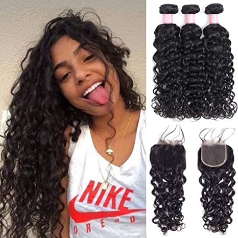 Brazilian Hair Bundles with Closure Water Wave Grade 8A Brazilian Wet And Wavy Human Hair Weave Natural Color Free Part 130% Density Closure Curly Hair 3 Bundles 20 22 24+18 Inch
