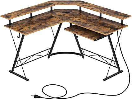 Rolanstar Computer Desk L-Shaped with Power Outlet and USB Port, 54" x 54" Corner Gaming Desk with Monitor Stand and Keyboard Tray, Home Office Desk with Hook, Rustic Brown