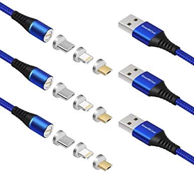 Smart&Cool GenXII 7 pins Round 3 in 1 Max 3.0A Fast Charging & Data Sync Magnetic Cable Compatible with USB-C Phones, i-Product and Micro-USB Interface Phones & Tablets (Blue-3Pack, 5 Feet)