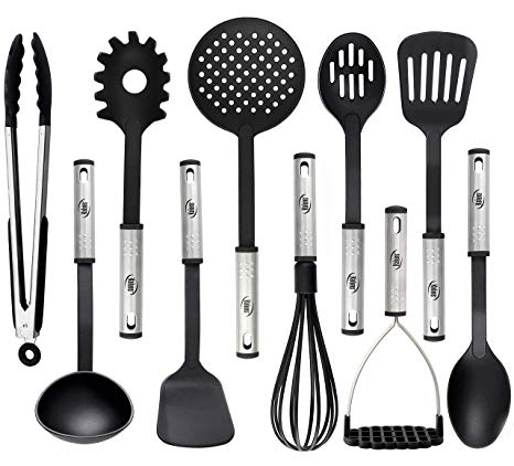 Cooking Utensils - 10 Nylon Stainless Steel Kitchen Supplies - Non-Stick and Heat Resistant Cookware set - New Chef's Gadget Tools Collection - Great Silicone Spatula - Best Holiday Gift Idea.