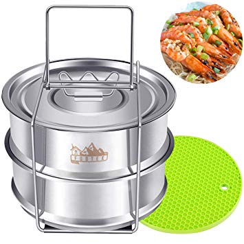 Stackable Steamer Insert Pans with Sling, Footek Stainless Steel Food Steamer Pans Pot in Pot for 5, 6, 8 Qt Instant Pot Accessories, Included Lid and Silicone Safety Mat