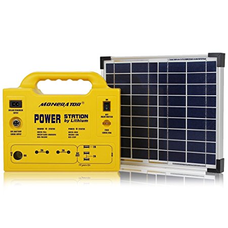 Solar Portable Generator Kit (128Wh 40,000mAh) LiFePo4 Battery - 1 Inverter 12V/110V AC - 3 USB Outlets 5V/2A - 4 DC Outlets 12V/5A - Perfect for Emergency Power and Camping - Monerator Gusto 10