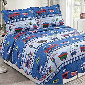 Golden Linens 3 pcs (1 Quilt, 2 Pillow Cases) Bedspread Kids Quilt Multicolor Blue Train at Work # Full Toot Toot Train(29)