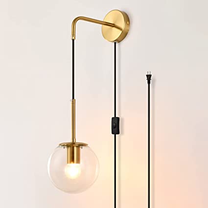 Globe Wall Sconce with Plug in,Clear Glass,Hanging Modern Glass Ball Shade Wall Light Fixture,Mid Century Gold Wall Mount Lamp for Corridor Bedroom Living Room