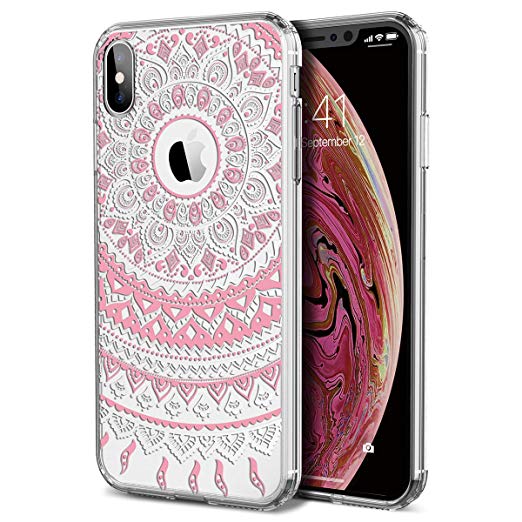 iPhone Xs Max Case, SmartLegend [Totem Series] Shockproof Full Body Rugged Clear Bumper with Mandala Floral Pattern Protective Case for Apple iPhone Xs Max 6.5 Inch (2018) - Pink