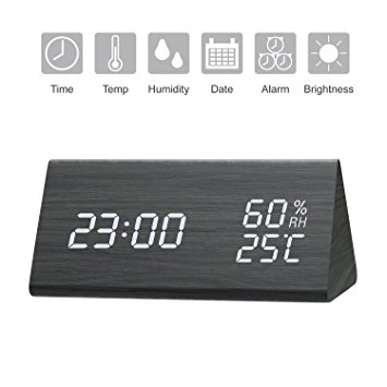 Digital Alarm Clock, Wooden LED Alarm Clock with Triple Alarms, 3 Levels Brightness Dimmer, Big Digit Display Date, Temperature and Humidity for Home Bedrooms