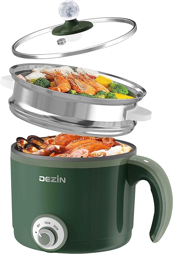 Dezin Hot Pot Electric with Steamer, 1.5L Rapid Noodles Cooker, Non-Stick Electric Pot Perfect for Ramen, Egg, Pasta, Dumplings, Soup, Porridge, Oatmeal, Portable Cooking Pot with Power Adjustment