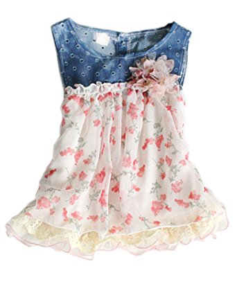 Toddler Baby Girls Dress Denim Chiffon Flower Dress Kids Sun Dress Dress Clothes (6-12 month)