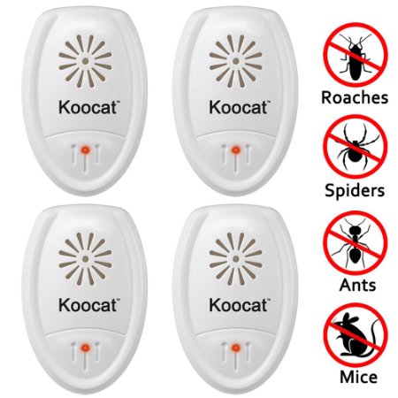 Pack of 4 Koocat Ultrasonic Pest Repeller Against Insects and Rodents - Best for Mice Rats Ants Spiders Roaches Cockroach Fly Bugs Mouse - Home Indoor Pest Control Repellent