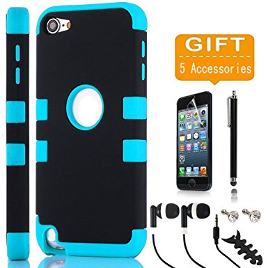 iPod Touch 5 Case, iPod Touch 6 Case, NOVPEAK 6in1 Pack 3 Layer Hard and Soft Hybrid Armor Defender Combo Case for iPod Touch 5th 6th Gen, with Screen Protector, Touch Pen, Earphone etc (Black/Blue)