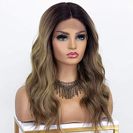 K'ryssma Brown Ombre Lace Front Wig Mix Blonde Glueless Wavy Synthetic Wig Deep Middle Part 16 Inches Long Brown Wigs for Women Heat Resistant