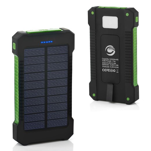 Solar Phone Charger, Grandbeing® 10000mAh Portable Battery Charger Outdoor Dual USB External Battery Pack Solar Power Bank with LED Light and Compass for iPhone iPad & Android Phones, Black Green