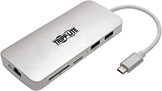 Tripp Lite USB C Docking Station w/ USB-A Hub, HDMI, SD/Micro SD, Gbe, PD Charging 4K @ 30Hz Portable Thunderbolt 3 Silver (U442-DOCK11-S)