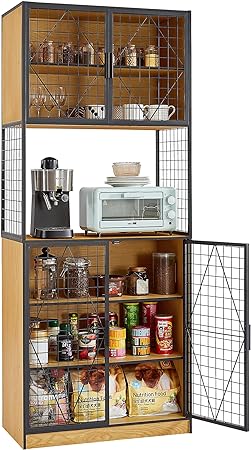 VECELO 72in Tall Kitchen Pantry Cabinet with Doors and Shelves Large Freestanding Storage Cupboard with Countertop Hutch for Living, Dining Room, Office, Oak, 15" D x 29.5" W x 72" H