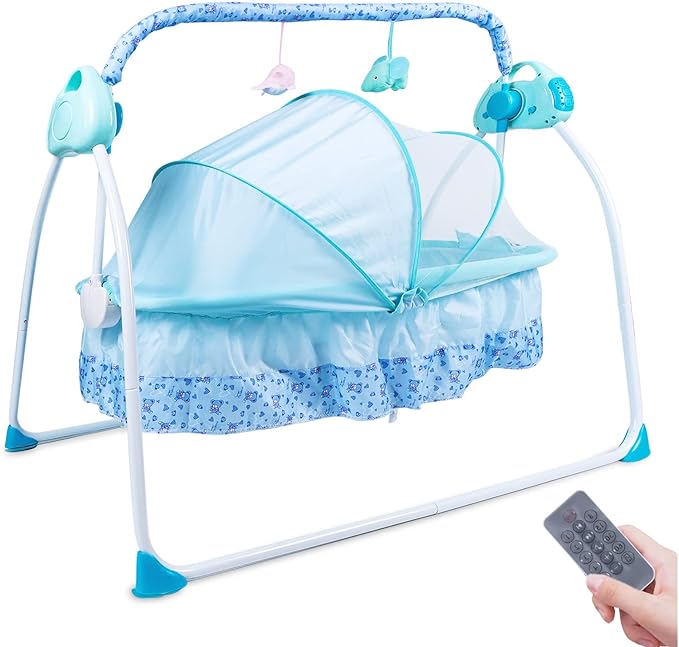 GYBest Baby Cradle Swings for Infants, Rocking Bassinet for Baby Foldable Portable Baby Bassinet Crib with 5 Rocking Speed & 12 Preset Cradle Songs for Baby Babies Boy Girl (Blue)