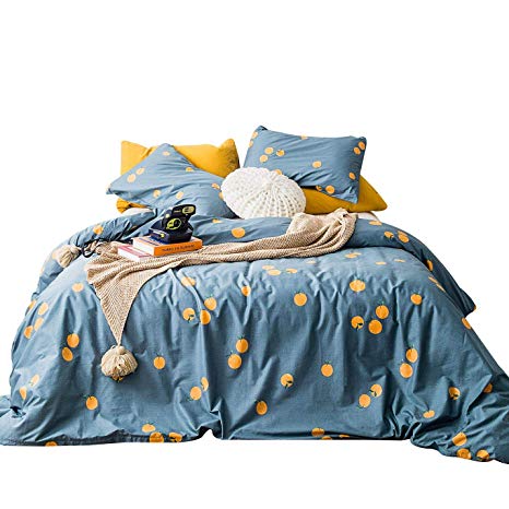 SUSYBAO 3 Piece Duvet Cover Set 100% Natural Cotton Denim Blue Queen Size Fruit Print Bedding Set with Zipper Ties 1 Orange Tangerine Pattern Duvet Cover 2 Pillowcases Hotel Quality Soft Comfortable